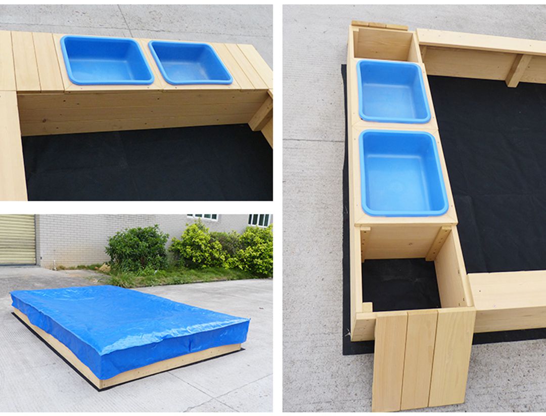 kids wooden sandpit with cover and plastic storage